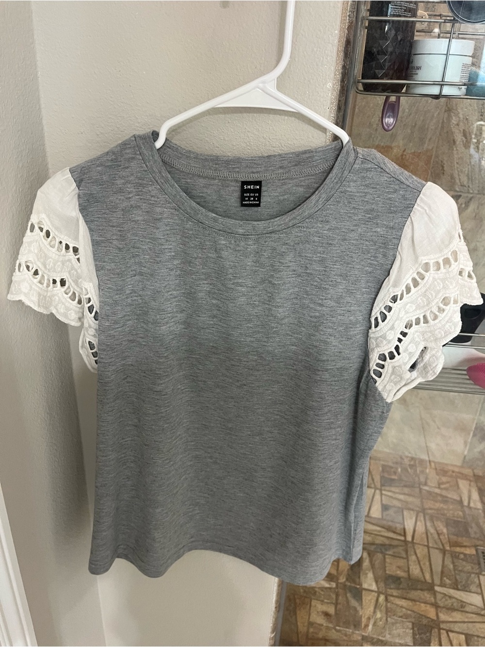 SHEIN Gray Tee with White Eyelet Puff Sleeves